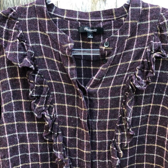Madewell Purple Windowpane Plaid Ruffle Long Sleeve Top Medium - Picture 9 of 13